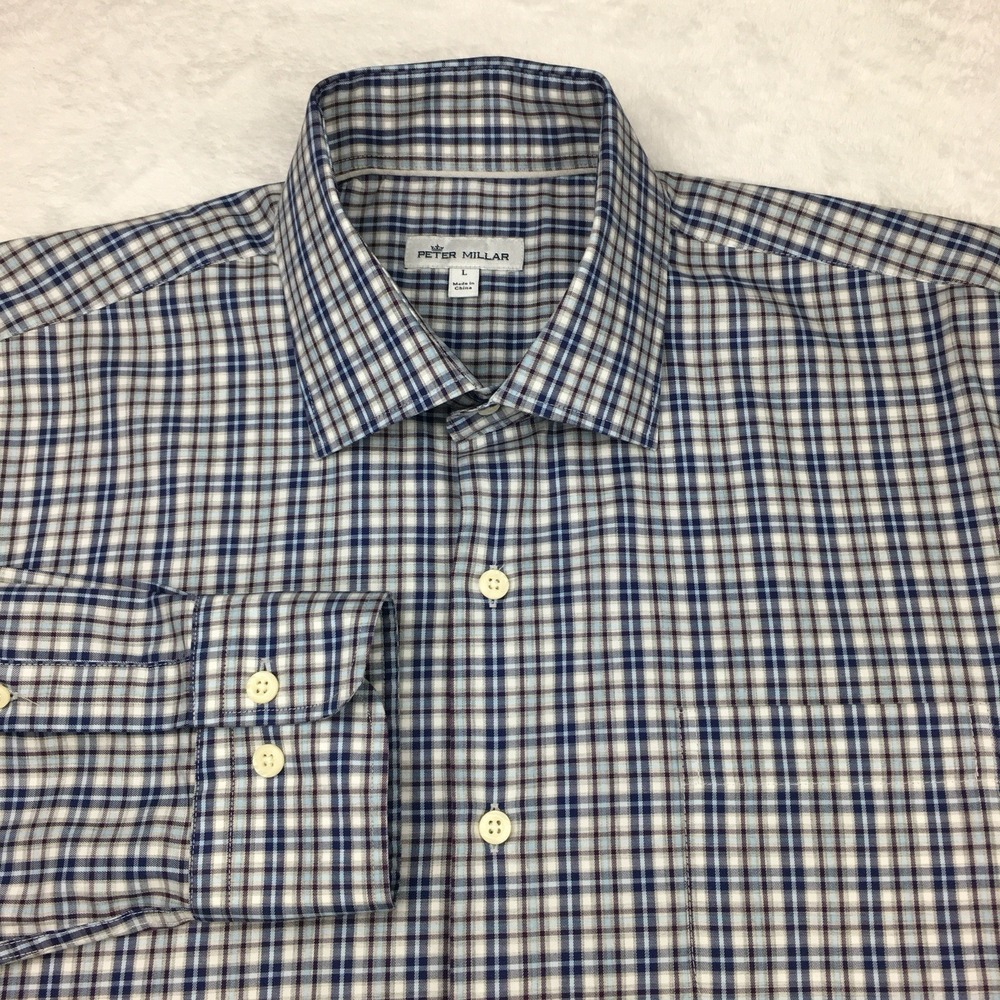 Peter Millar Dress Shirt Mens Large Blue/Burgundy/White Plaid Long Sleeves